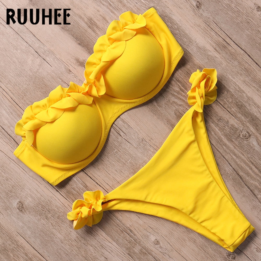 Two-piece leopard print bandeau bikini swimwear for women with ruffle details and push-up design, from The Clothing Company Sydney.