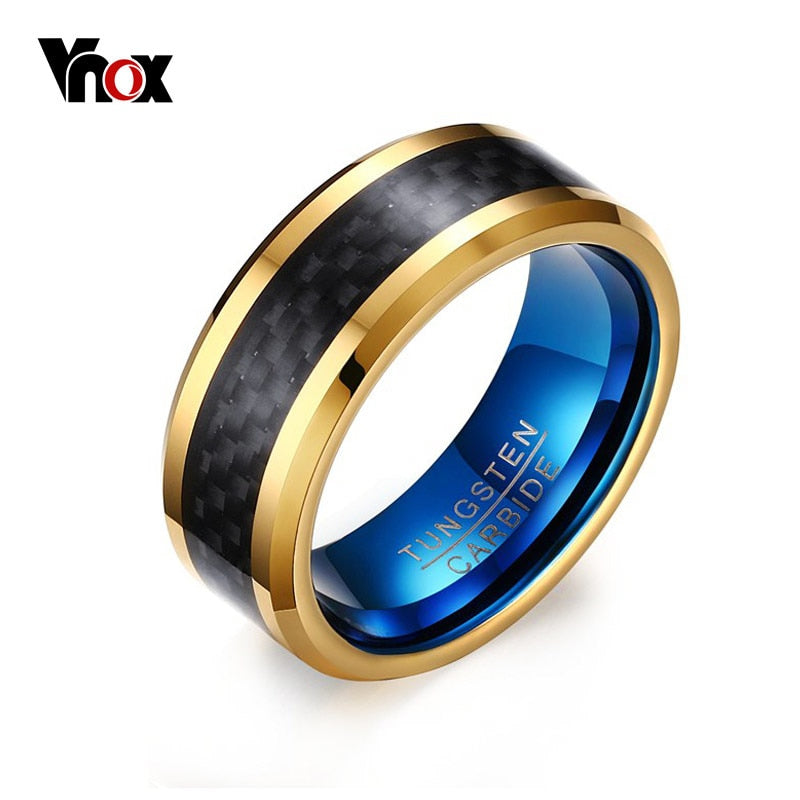 Blue tungsten carbide ring for men with black carbon fiber finish, scratch-resistant jewelry from The Clothing Company Sydney.