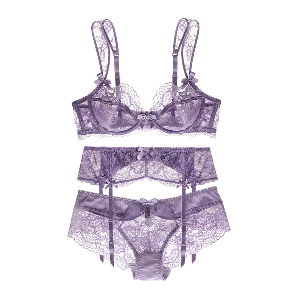 Plus size floral lace lingerie set with bowknot accents, including bra, panties, and garter from The Clothing Company Sydney.