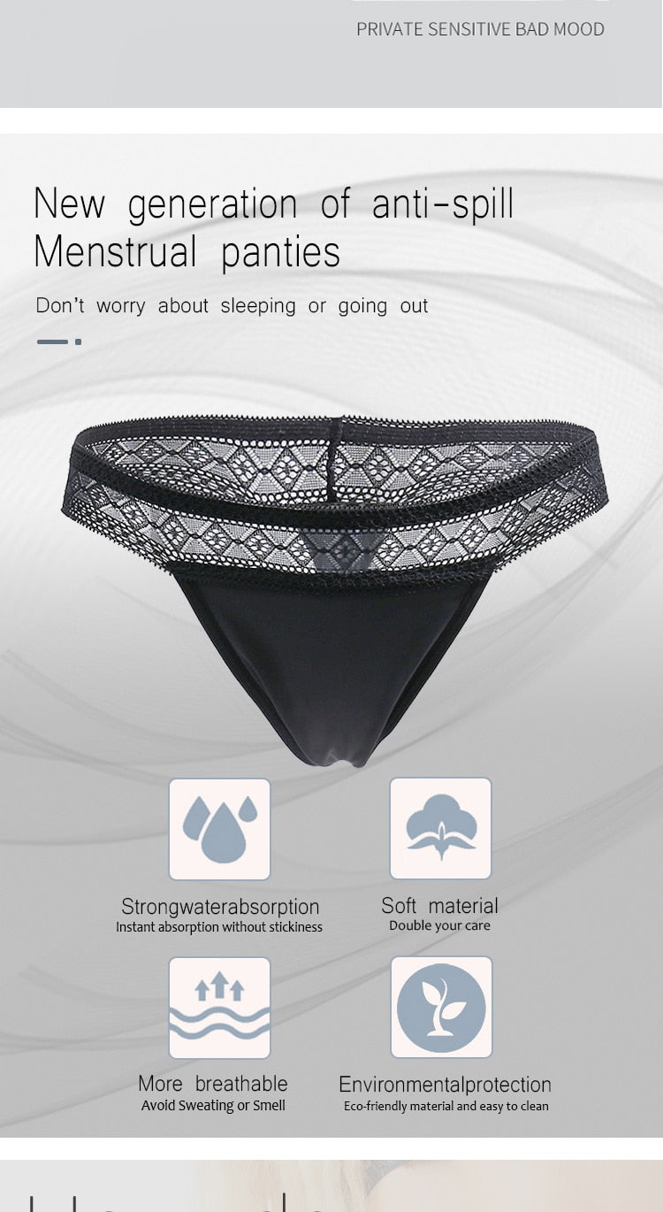 Women's leakproof thong underwear with four-layer protection, low waist design, from The Clothing Company Sydney.