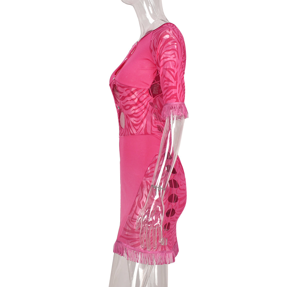 Cut out zebra mesh mini dress by The Clothing Company Sydney, transparent bodycon dress for beach, holiday, or party wear.
