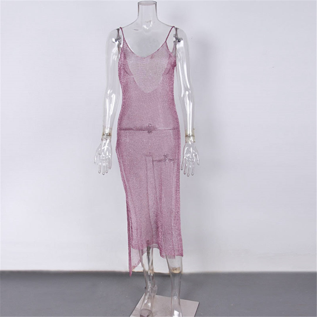 Sheer net mesh glitter tunic beach cover-up by The Clothing Company Sydney, featuring long, lightweight, and stylish beachwear for women.