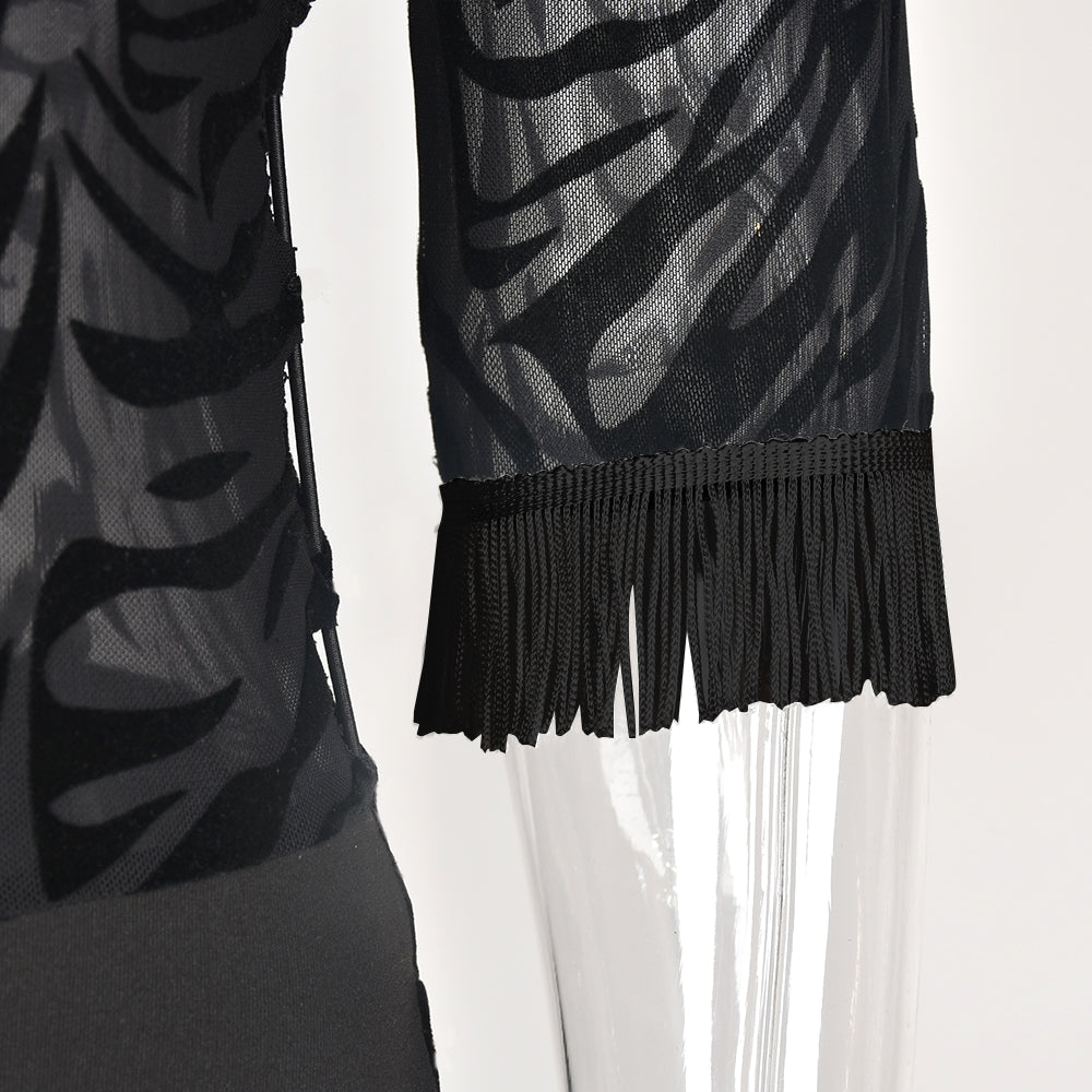 Zebra mesh mini dress by The Clothing Company Sydney featuring cut-out design, transparent fabric, perfect for beach, party, or club wear.