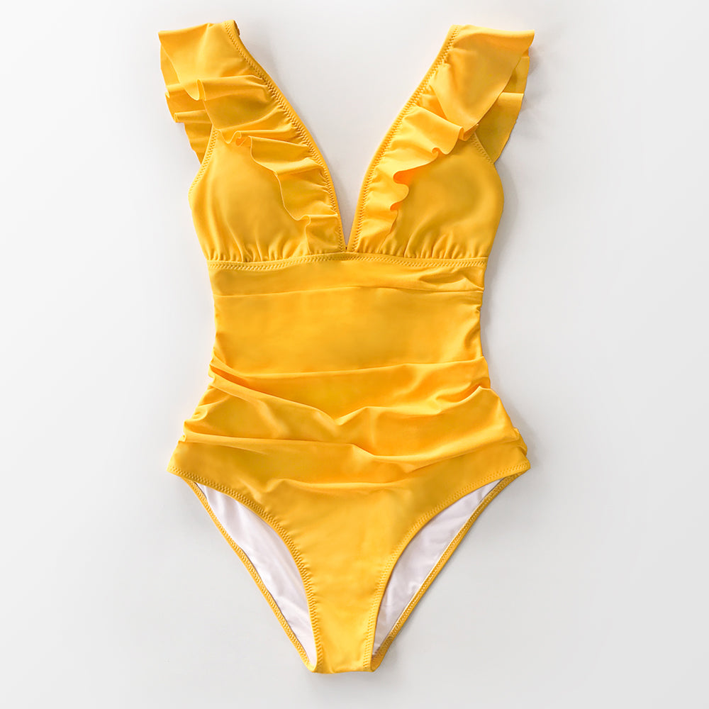 Solid black ruffled one-piece swimsuit by The Clothing Company Sydney featuring lace-up front and stylish monokini design.