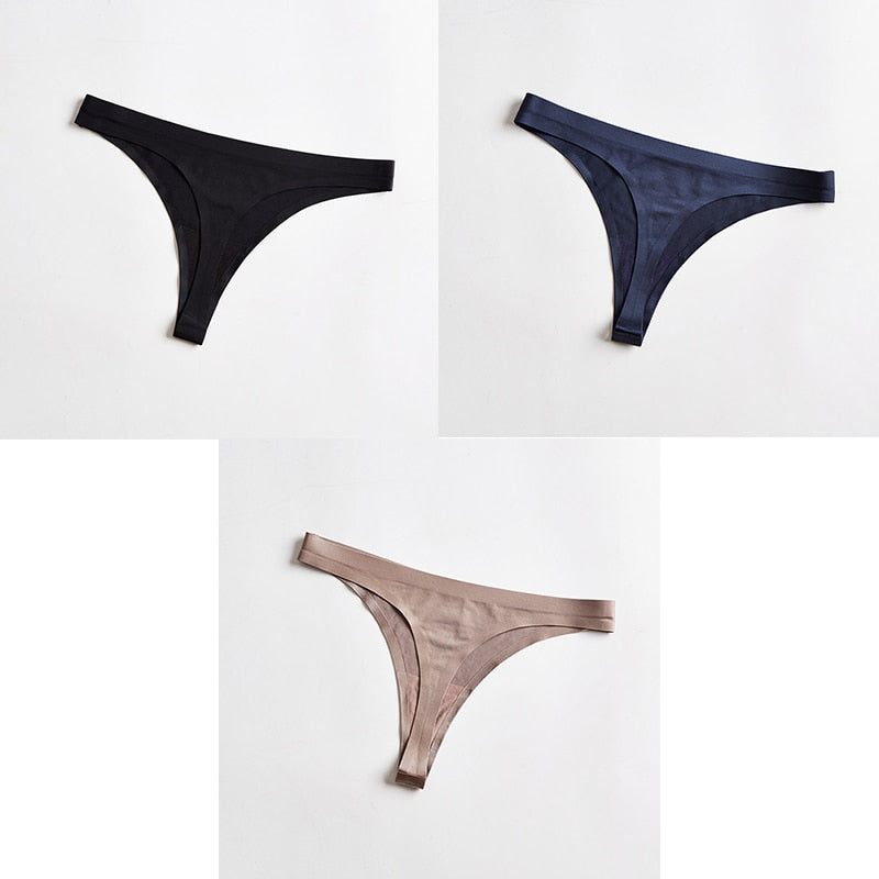 Three-pack seamless ice silk thong underwear from The Clothing Company Sydney, T-back sports panties, G-string style for ladies.