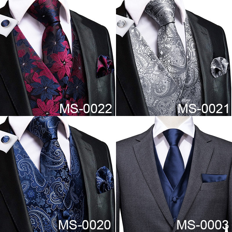 Luxury men's vest and tie set featuring paisley, floral, and plaid patterns in blue, gold, red, and silver for wedding or formal wear.