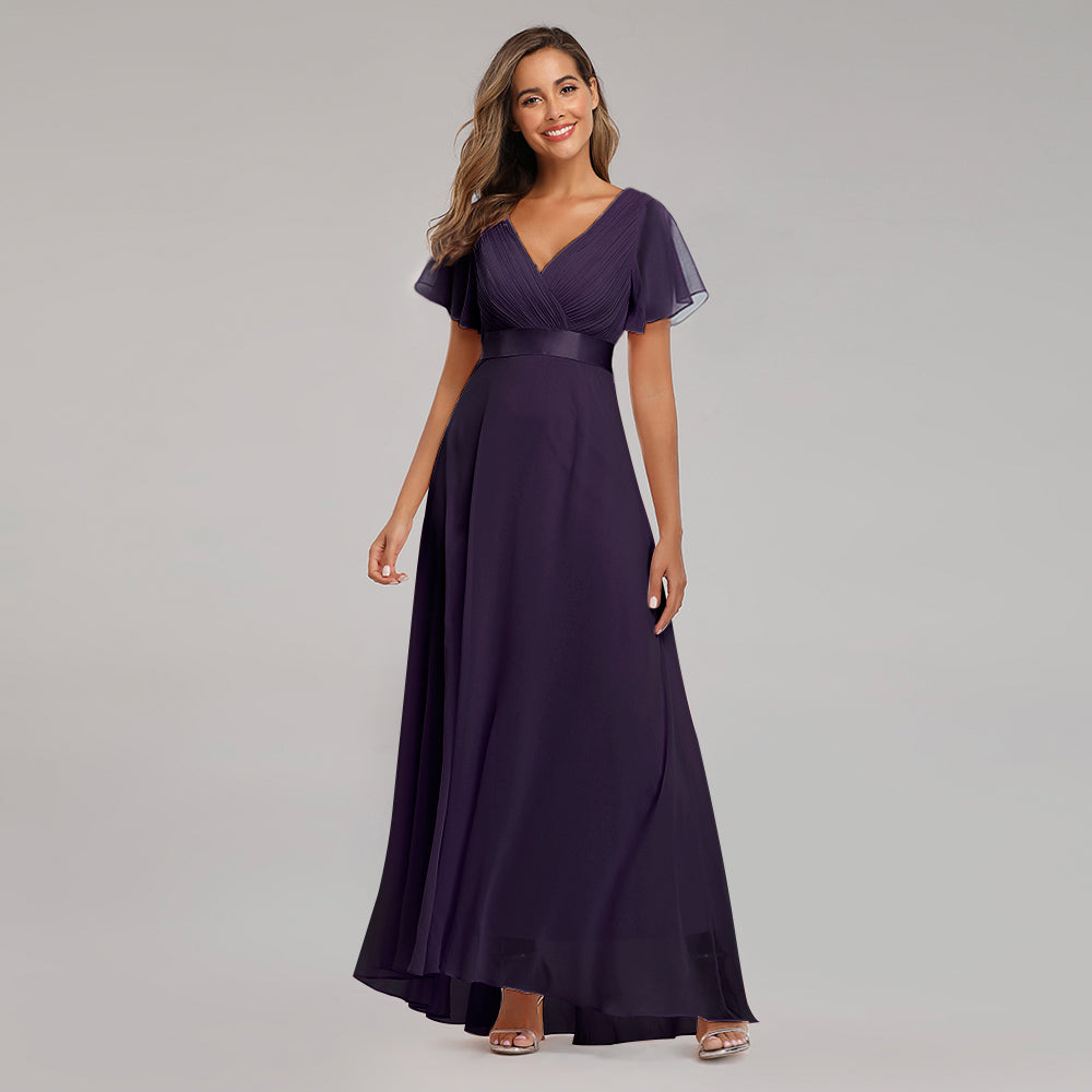 Elegant V-neck chiffon evening gown with ruffles, designed for weddings and formal events by The Clothing Company Sydney.