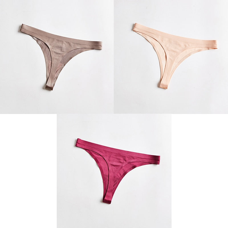 Three-pack seamless ice silk thong underwear from The Clothing Company Sydney, T-back G-string style, lightweight and comfortable.