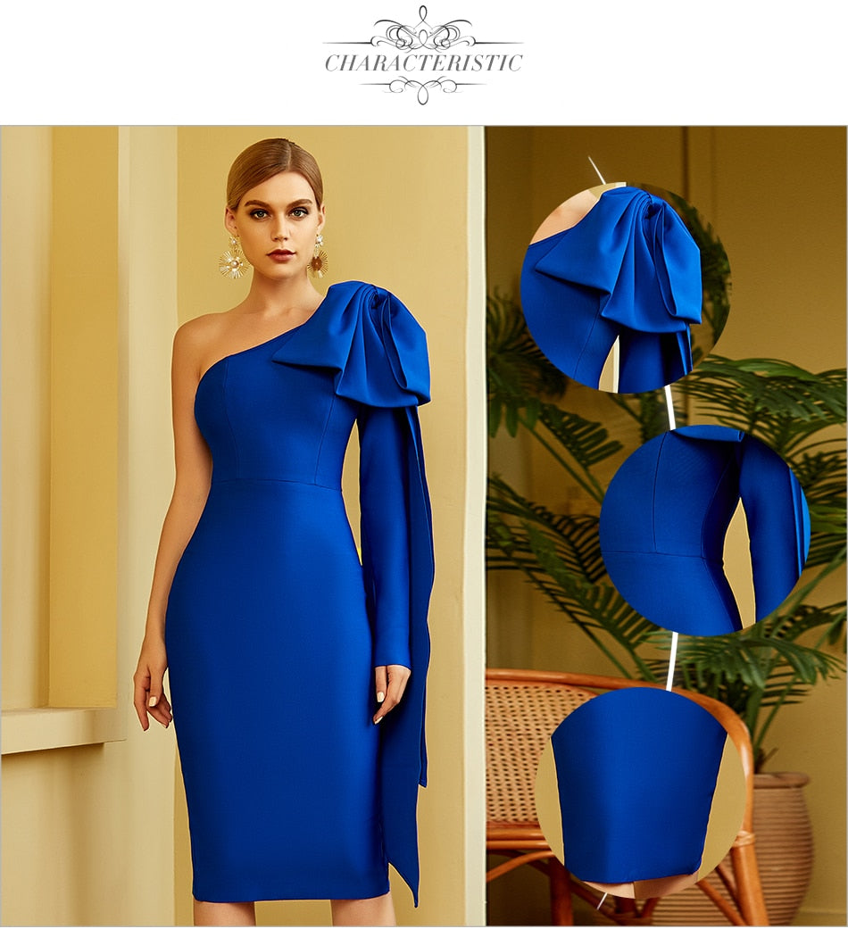 Winter one-shoulder bodycon bandage dress by The Clothing Company Sydney featuring bow detail, long sleeves, and a sleek midi fit.