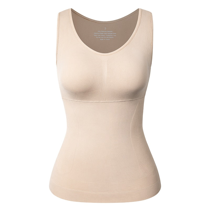 Shapewear tank top by The Clothing Company Sydney with built-in shelf bra, wide straps, sleeveless design, and removable bra.