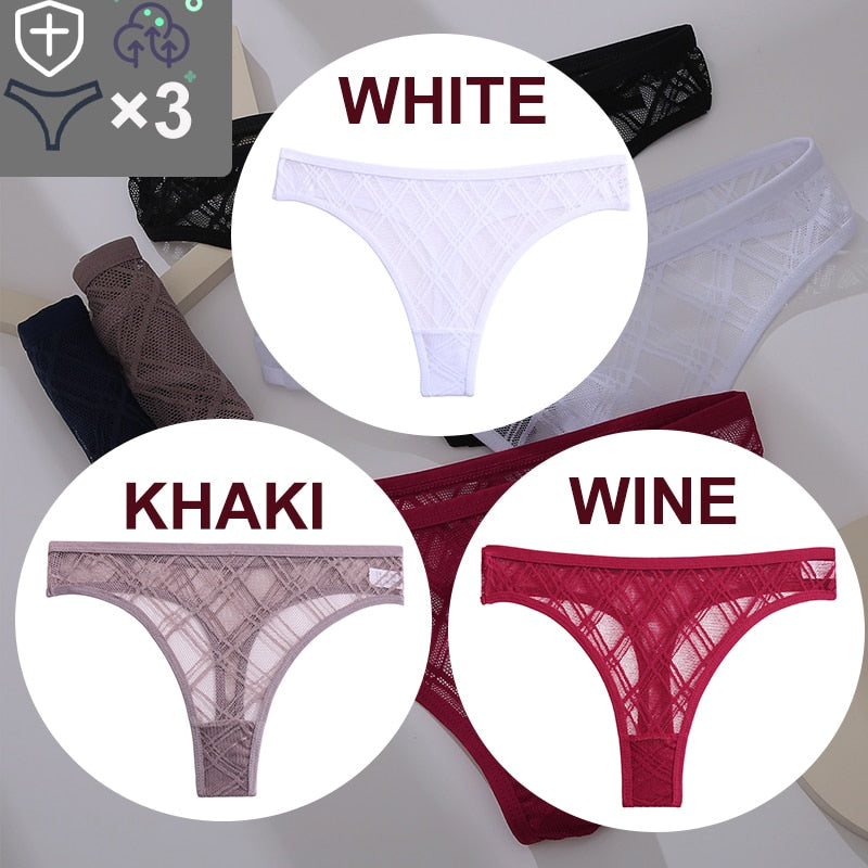 Three floral transparent thong panties from The Clothing Company Sydney featuring lace, mesh fabric, and low-waist design.