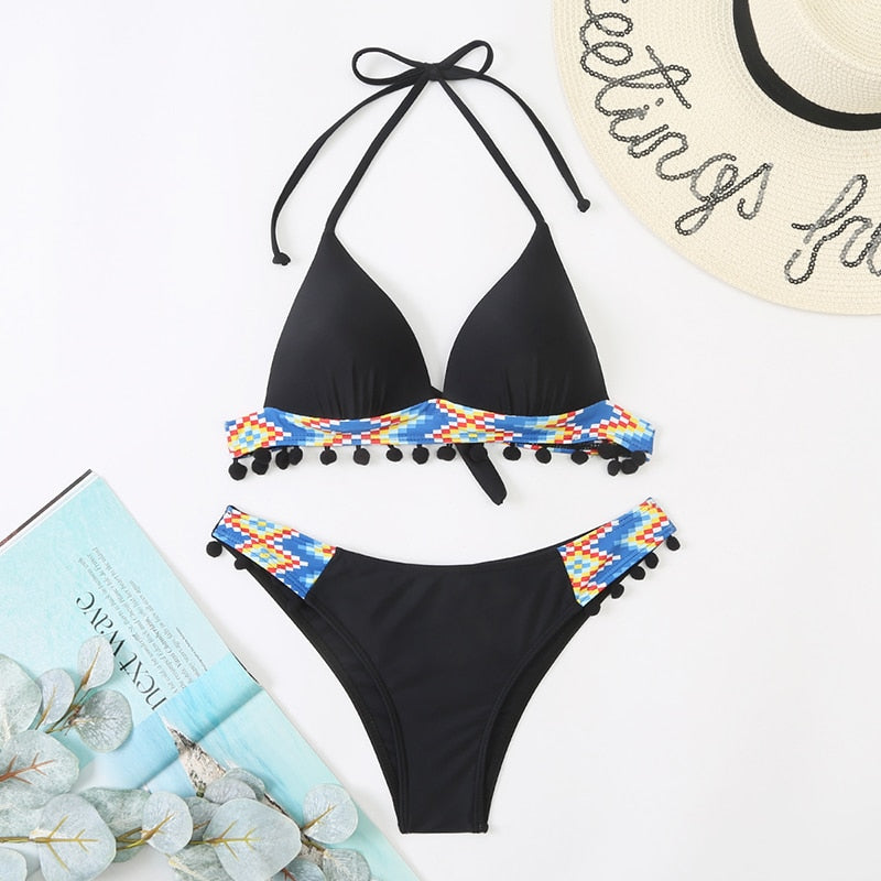Black leopard print bikini set with tassel accents, push-up design, from The Clothing Company Sydney, perfect for summer beachwear.