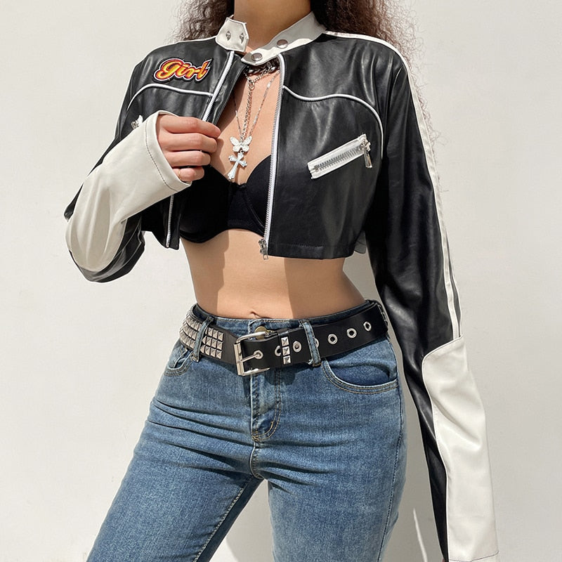 Punk style cropped PU leather jacket for women with patchwork design, zipper details, contrast colors, ideal for autumn winter wear