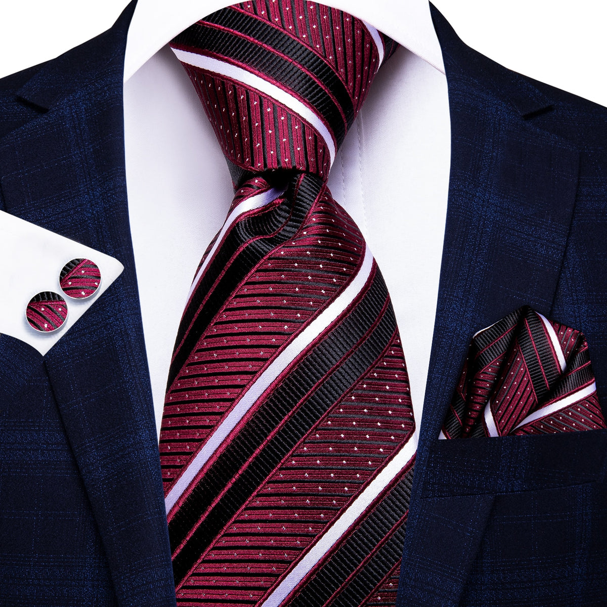 Set of three men's silk paisley neckties, includes cufflinks and pocket square, formal accessories by The Clothing Company Sydney.