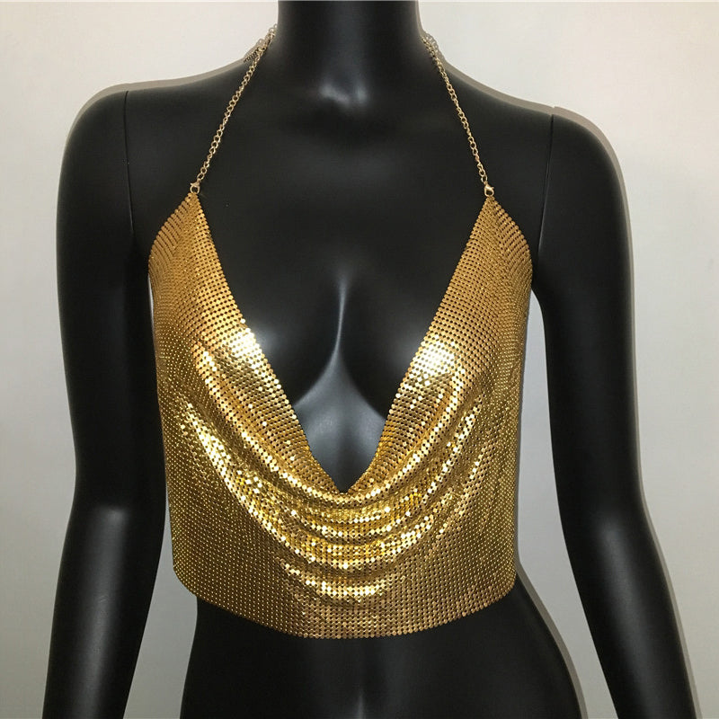 Gold and silver metal sequined backless cropped tank top by The Clothing Company Sydney, perfect for summer beach and club wear.