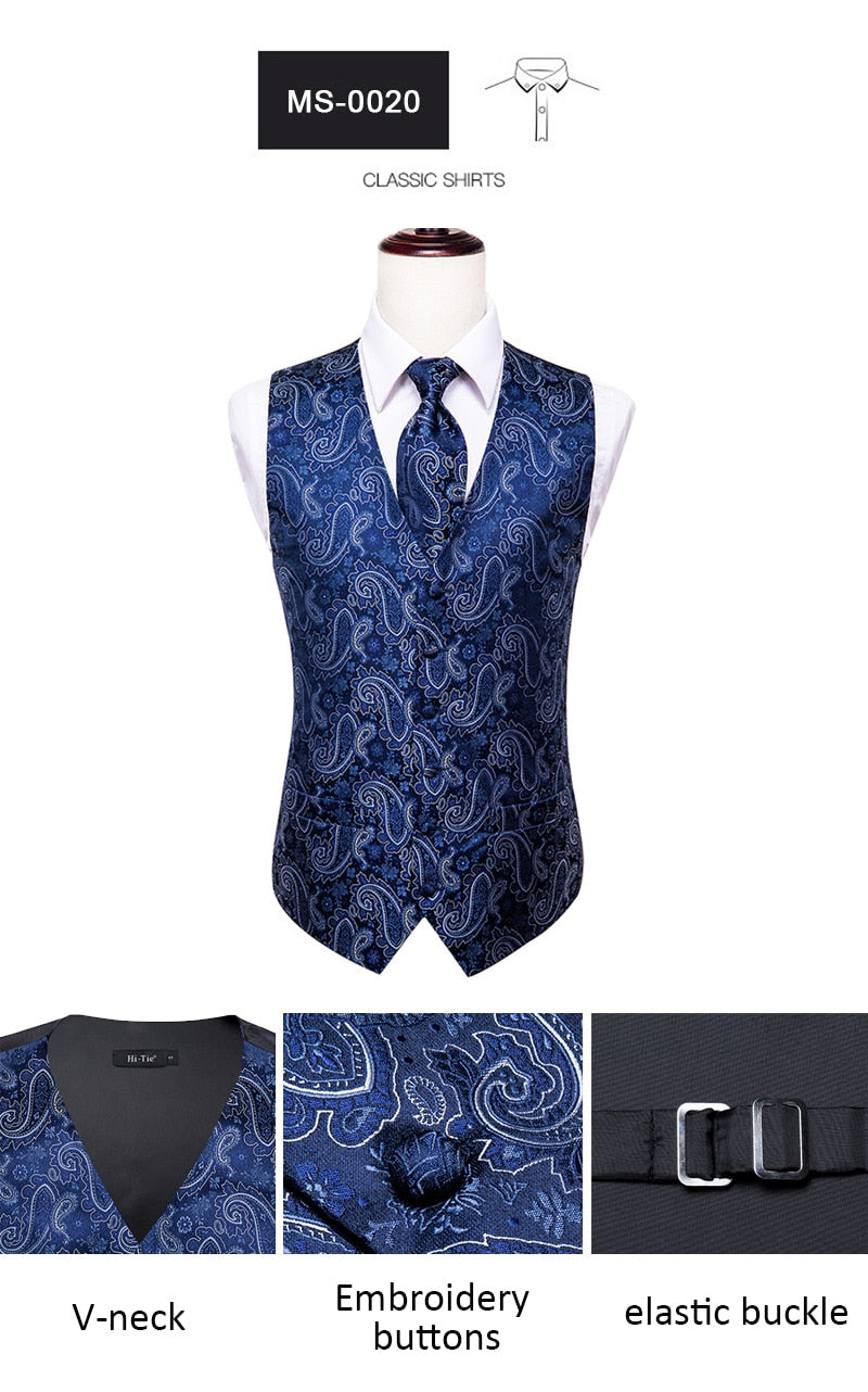 Men's luxury silk vest and tie set featuring paisley, floral, and plaid patterns in blue, gold, red, and silver for formal wear.