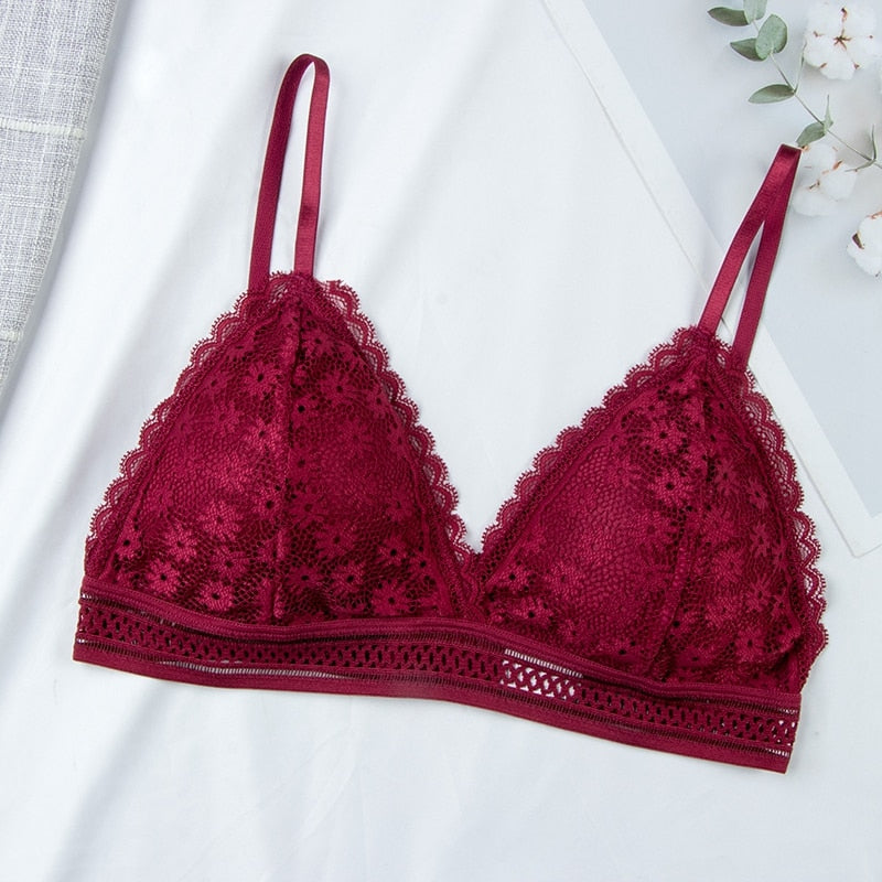 Floral lace bra top by The Clothing Company Sydney featuring push-up padding, breathable bralette design, wireless and removable pads.