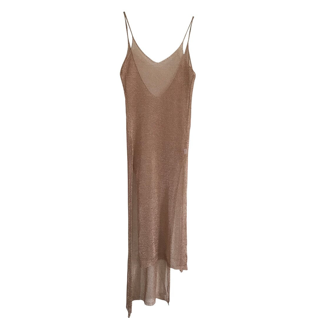 Sheer net mesh knitted glitter beach cover-up tunic swimsuit by The Clothing Company Sydney, with long, lightweight beachwear style.