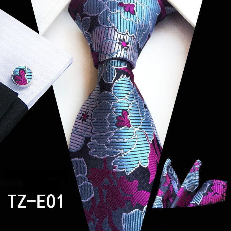 Red and green floral silk tie set with cufflinks, handkerchief, and necktie for men's business and wedding accessories.