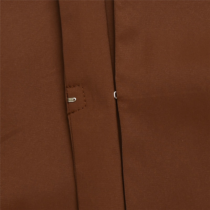 Brown turn-down collar two-piece set with long sleeve top and high-waist skirt, stylish autumn office dress for women.
