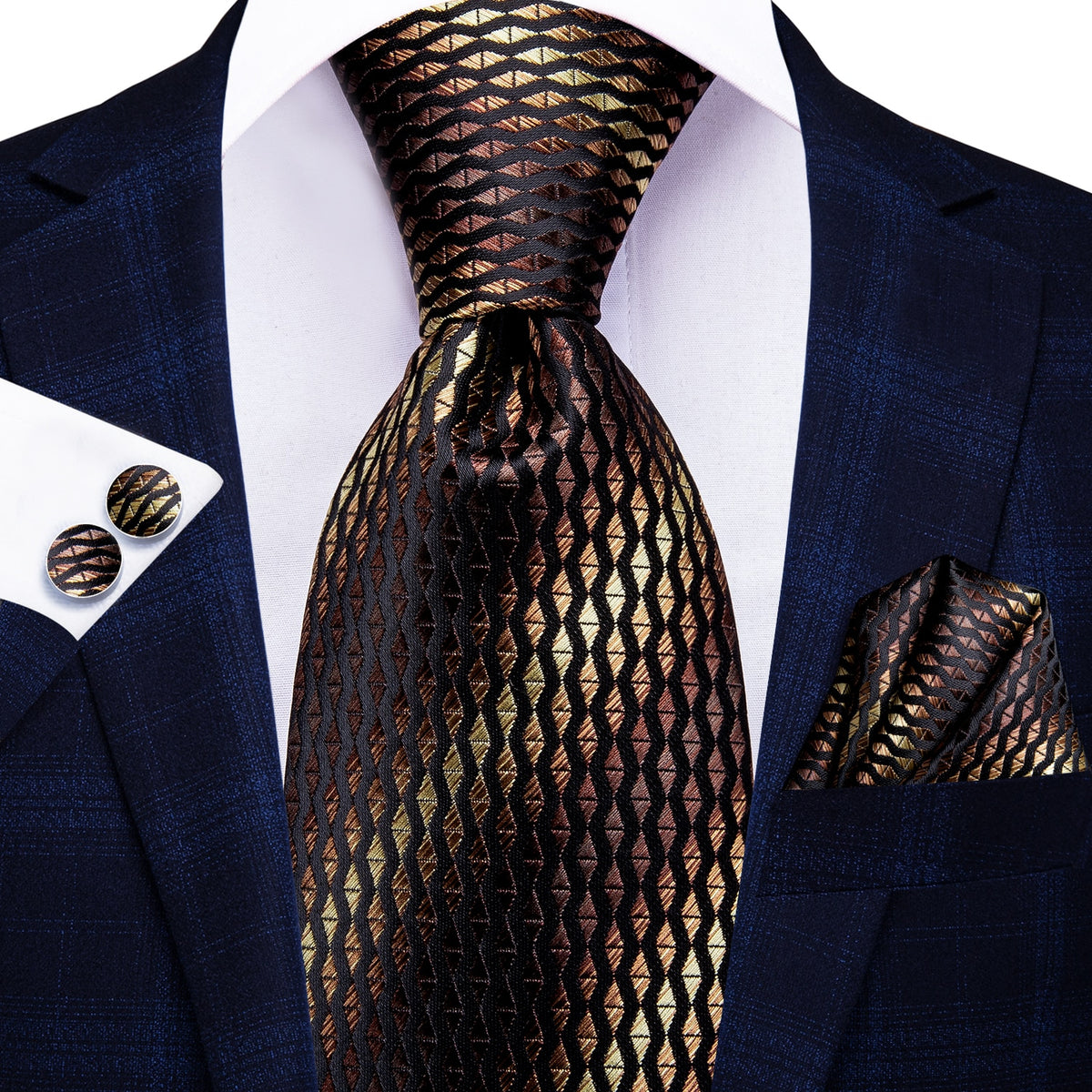 Set of blue and black striped silk necktie, pocket square, and cufflinks from The Clothing Company Sydney for business and wedding accessories.