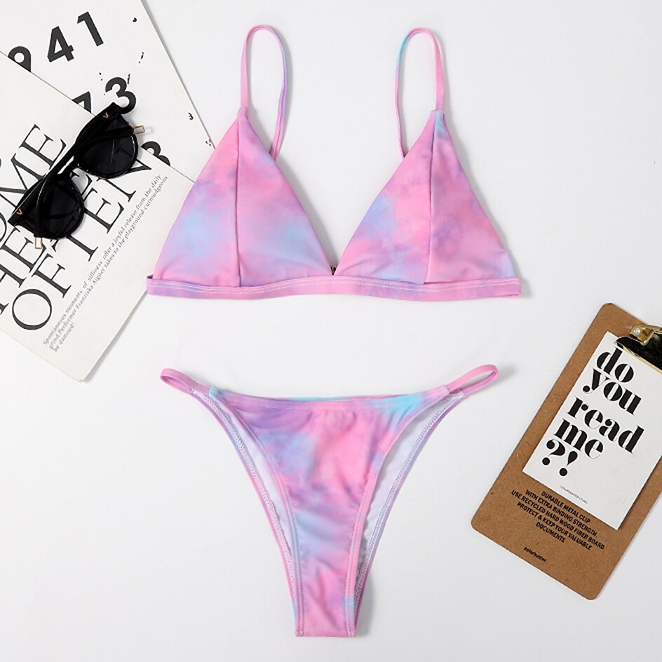 Two-piece tie-dye micro bikini set with thong design, featuring Brazilian-style swimwear from The Clothing Company Sydney.