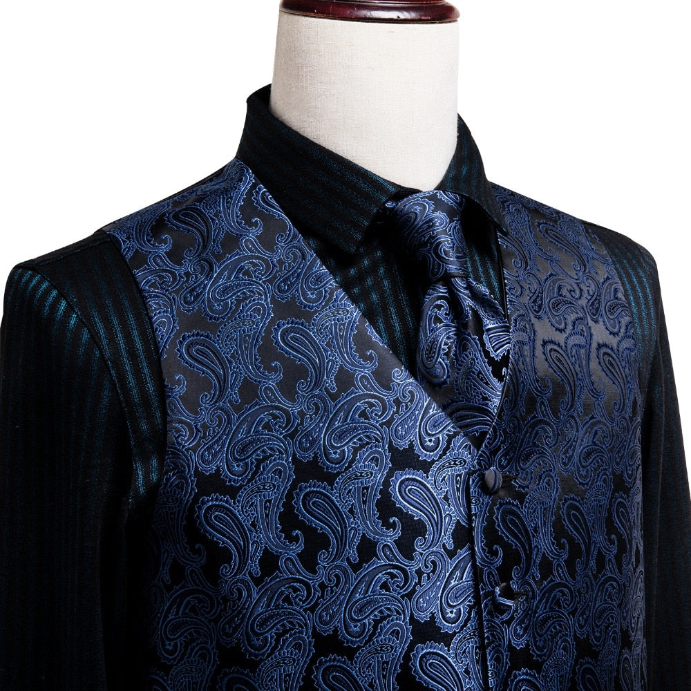 Blue luxury men's vest and tie set with paisley, floral, and plaid silk design for suit wedding attire by The Clothing Company Sydney