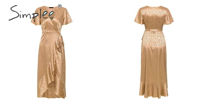 Leopard print party dress by The Clothing Company Sydney with V-neck, short sleeves, ruffled belt, and elegant split lace design.
