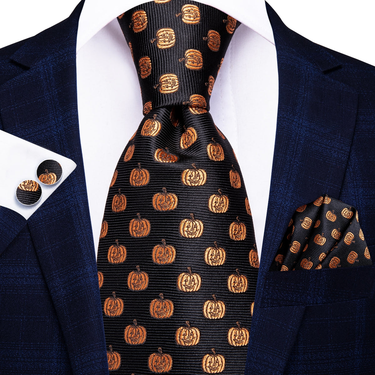 Set of blue and black striped silk neck tie, pocket square, and cufflinks from The Clothing Company Sydney for wedding or formal events.