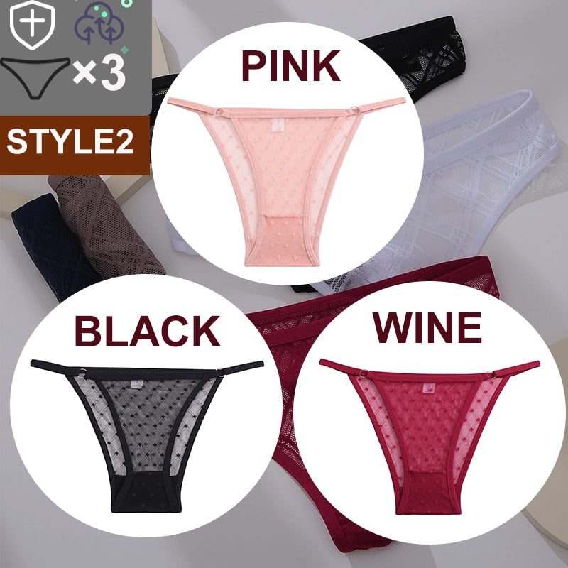 Three floral transparent G-string lingerie thongs with lace, mesh fabric, and low-waist design from The Clothing Company Sydney.