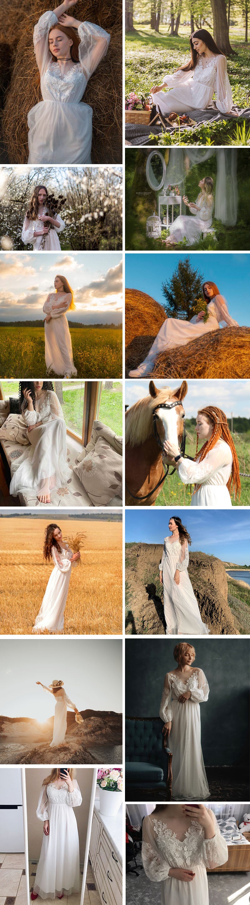 White long sleeve tulle wedding dress with embroidery, lace detailing, maxi length, perfect for summer vacations and beach weddings.