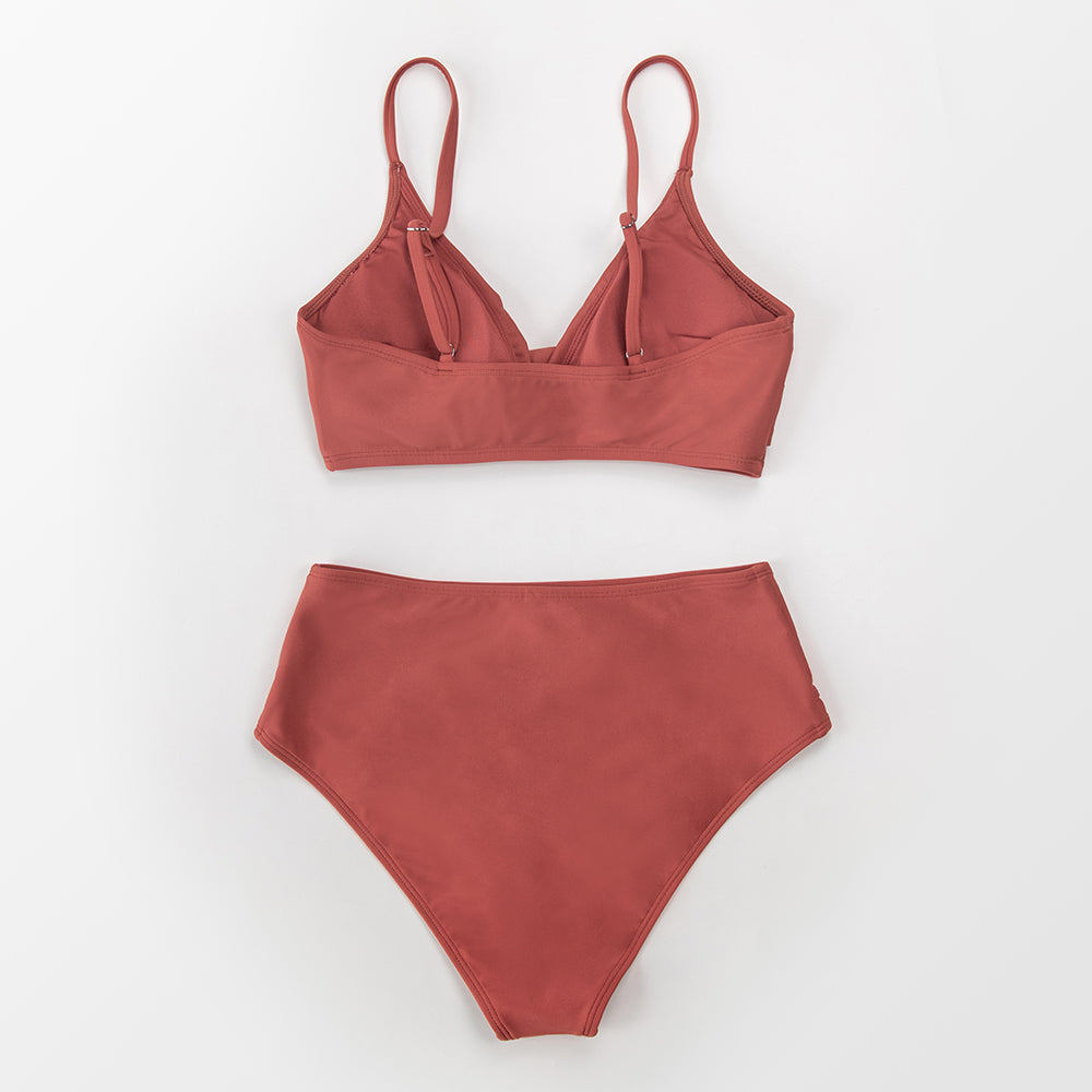Red high-waist bikini set with twist detail, V-neck design, from The Clothing Company Sydney, perfect for beachwear and swimming.