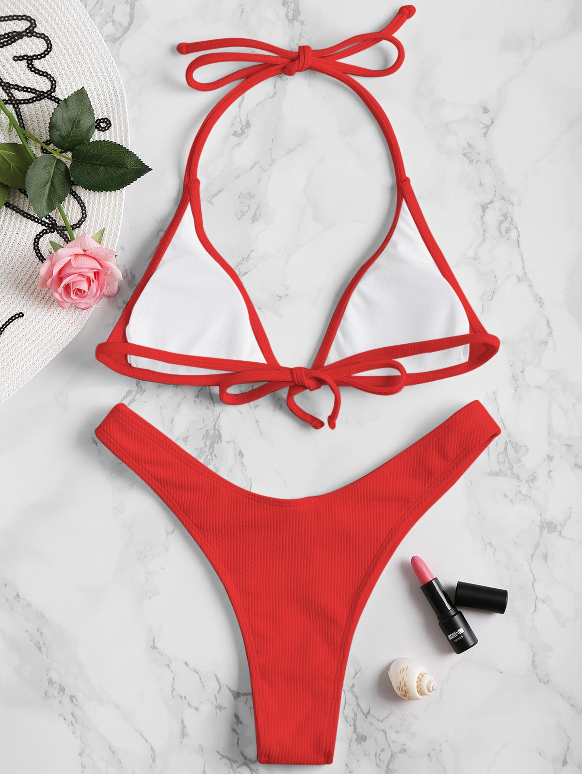 Two-piece ribbed thong bikini set from The Clothing Company Sydney, padded bandeau top and backless design for summer beachwear.