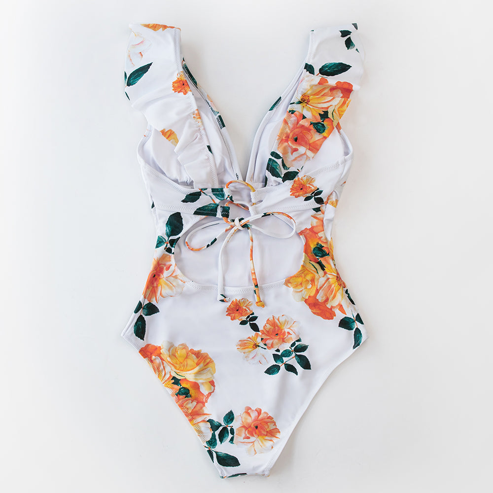 Solid black ruffled one-piece swimsuit with lace-up front, from The Clothing Company Sydney, perfect for beach or poolside.
