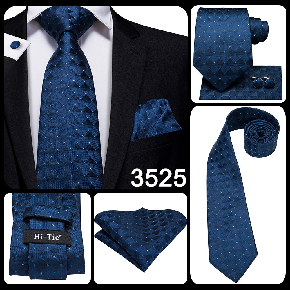 Blue silk men's business tie with dots, plaid pattern, set with matching cufflinks, 150cm, from The Clothing Company Sydney.