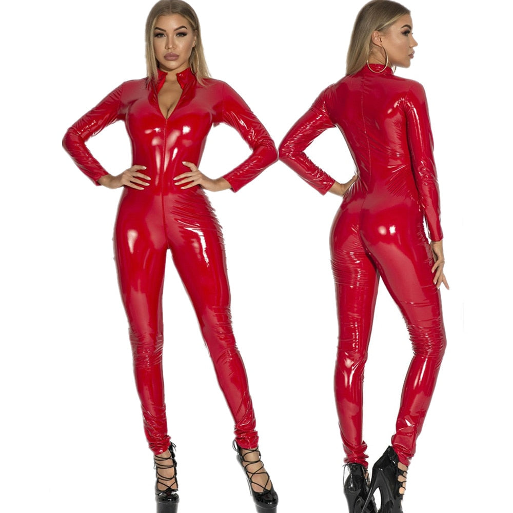 Black and red wetlook PVC catsuit with long sleeves, front zipper, open crotch, stretch fit, styled as clubwear jumpsuit.