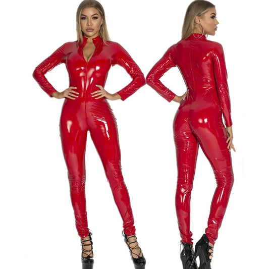 Black Red Wetlook Faux Leather Long Sleeve Pvc Catsuit Front Zipper Open Crotch Stretch Clubwear Overalls Jumpsuit The Clothing Company Sydney