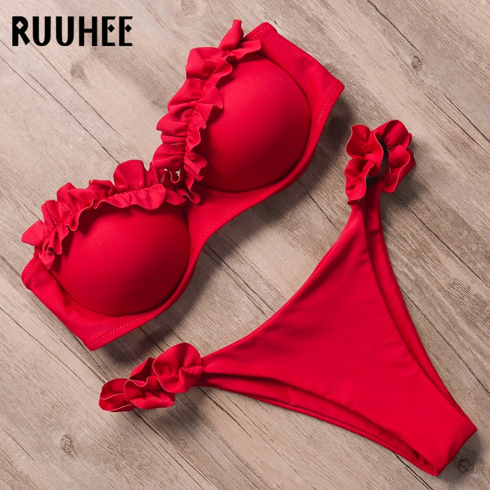 Leopard print 2-piece bandeau bikini swimwear with ruffle design and push-up cups, designed for women by The Clothing Company Sydney.