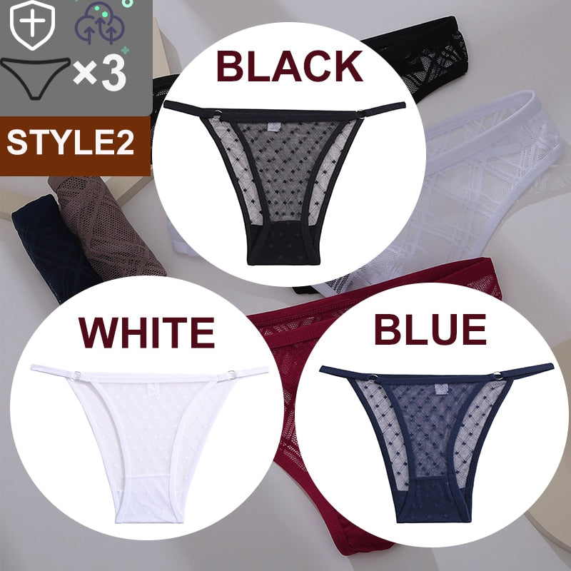 Three floral transparent thong lingerie G-string mesh panties with lace details, low-waist briefs from The Clothing Company Sydney.