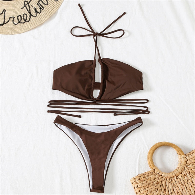 Drawstring bandage bikini set by The Clothing Company Sydney, solid halter swimsuit with two-piece design for beachwear and swimming.