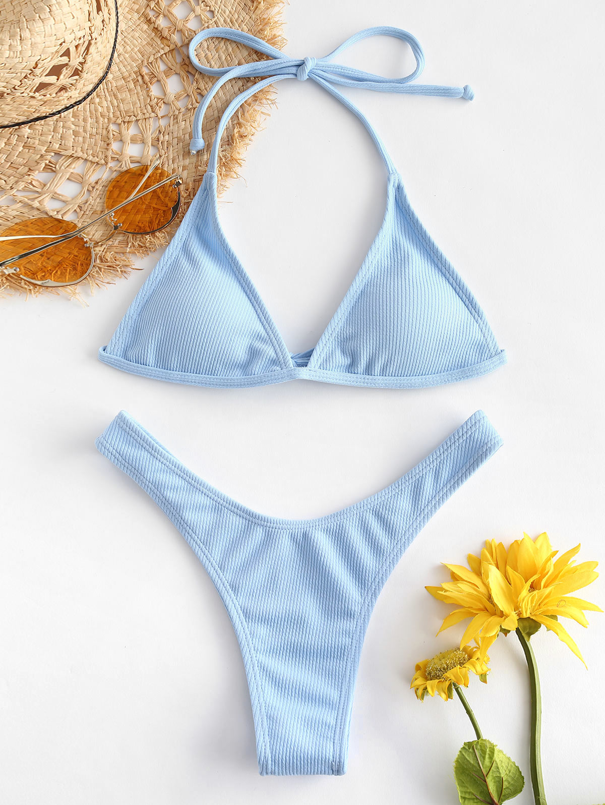 Two-piece ribbed tie bikini set with padded bandage design, backless swimsuit from The Clothing Company Sydney, ideal for summer beach wear.