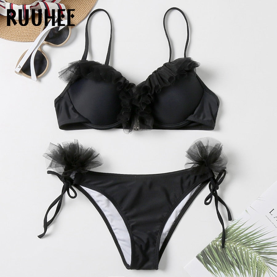 Leopard print 2-piece bandeau bikini swimwear for women with ruffle details and push-up support, by The Clothing Company Sydney.