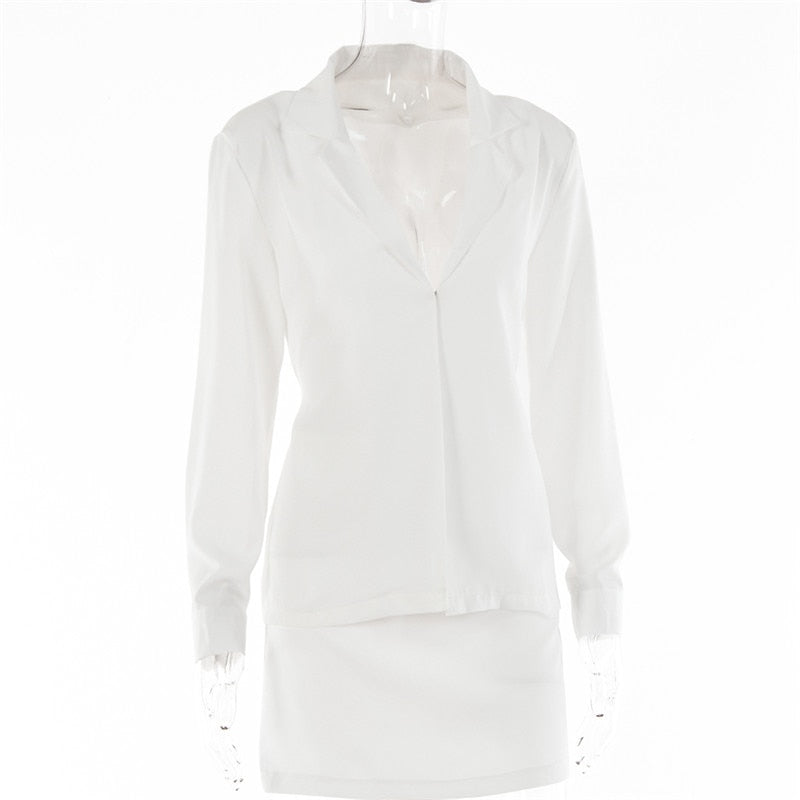 Brown long sleeve turn-down collar two-piece dress with high waist skirt, perfect for autumn office outfits.