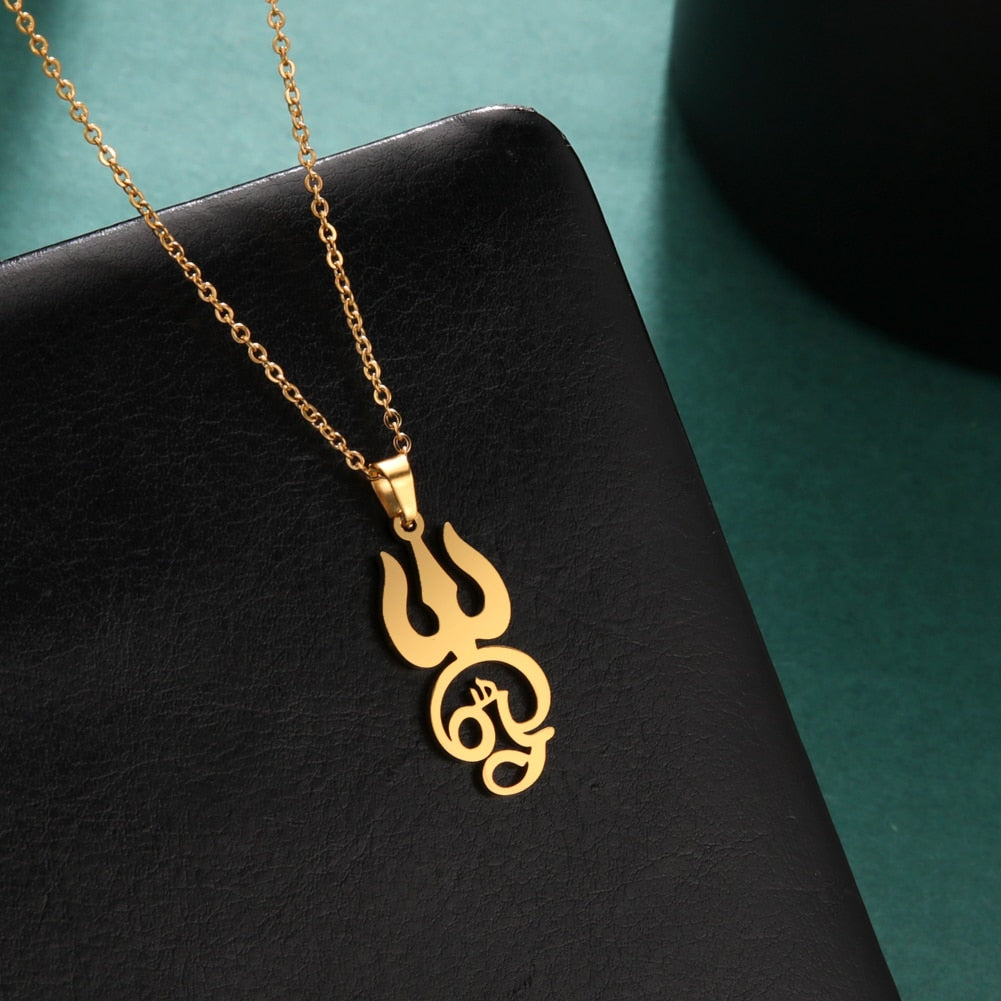 Stainless steel Tamil Om Aum symbol with trident pendant on a chain, vintage Shiva yoga jewelry piece with intricate design.
