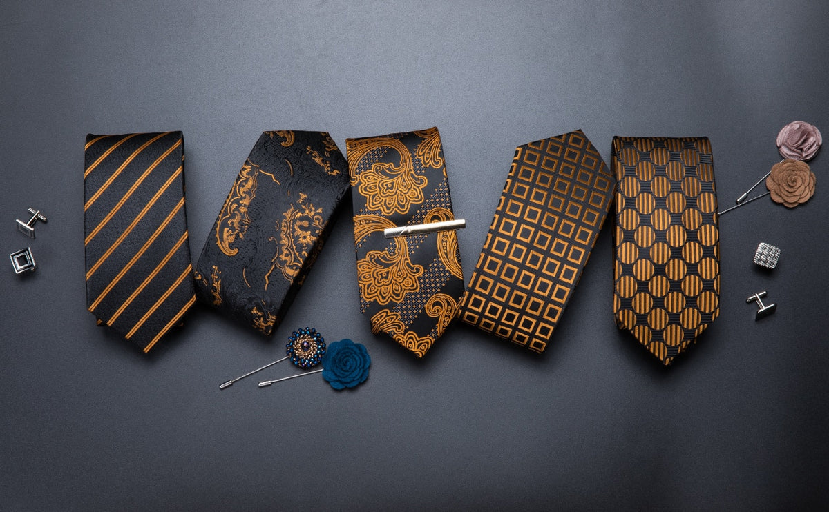 Set of three men's silk ties with blue plaid, dot, and striped patterns, featuring matching handkerchiefs for business or wedding wear.