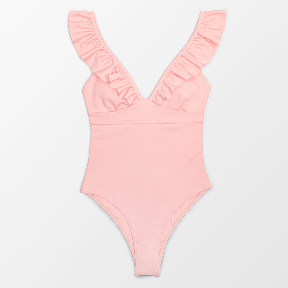 Solid black ruffled one-piece swimsuit with lace-up front from The Clothing Company Sydney, perfect for beach and poolwear.
