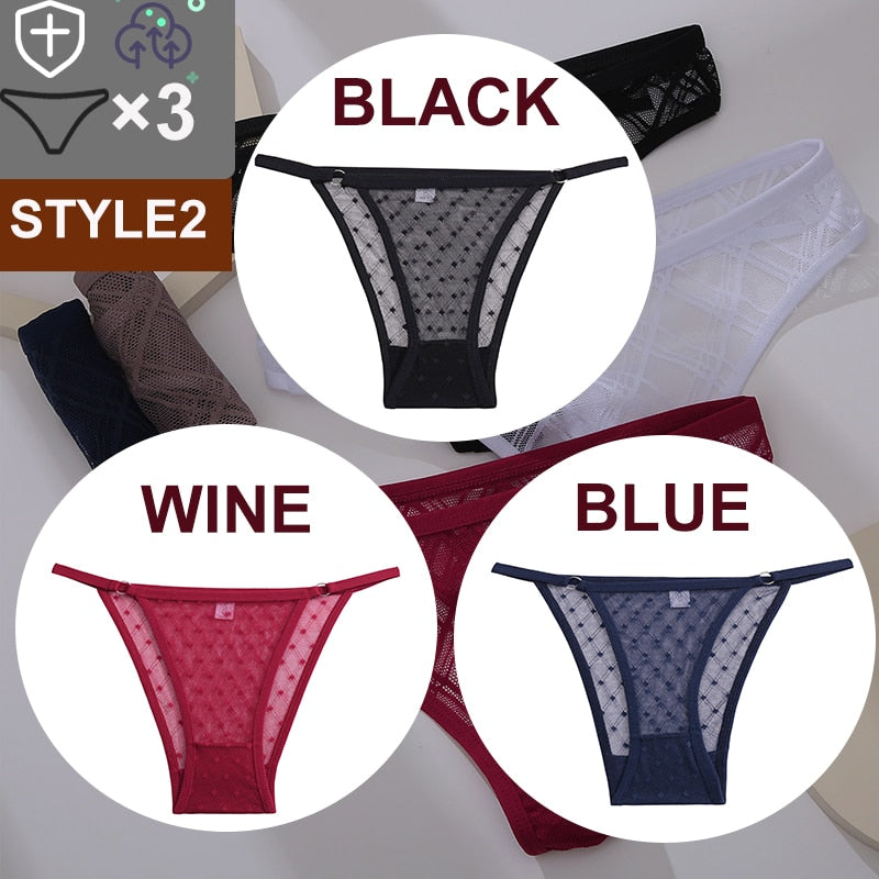Three floral transparent thong lingerie G-string mesh panties from The Clothing Company Sydney, low-waist briefs with lace details.