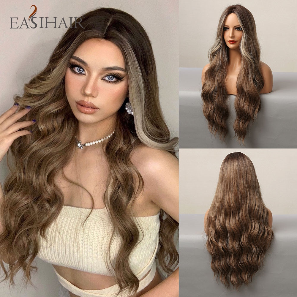 Ombre Brown Light Blonde Platinum Long Wavy Middle Part Hair Wig Cosplay Natural Heat Resistant Synthetic Wig for Women The Clothing Company Sydney