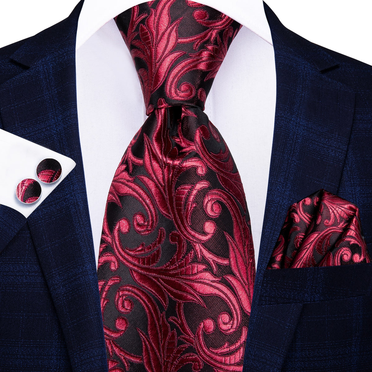 Set of three men's silk paisley neckties with matching pocket square and cufflinks, suitable for formal weddings and business attire.