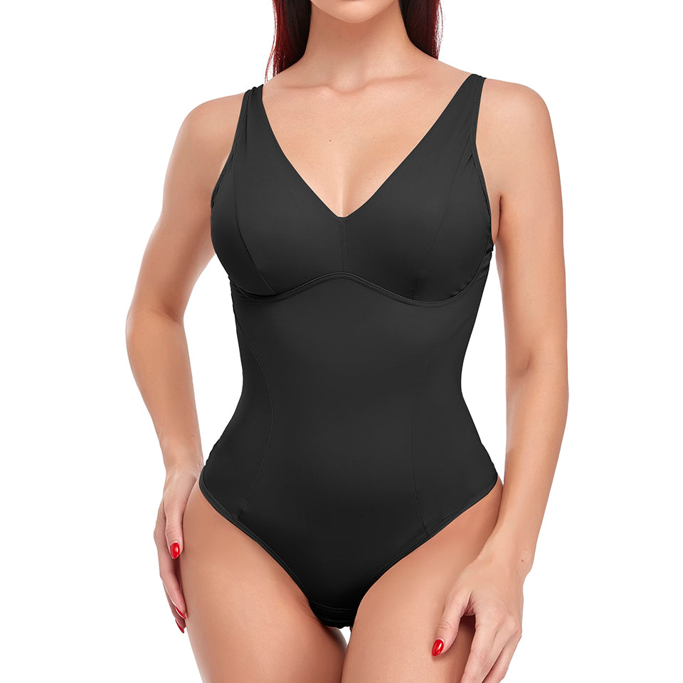 Women’s shapewear bodysuit thong shaper with deep V neck, built-in bra, waist trainer, and camisole from The Clothing Company Sydney.